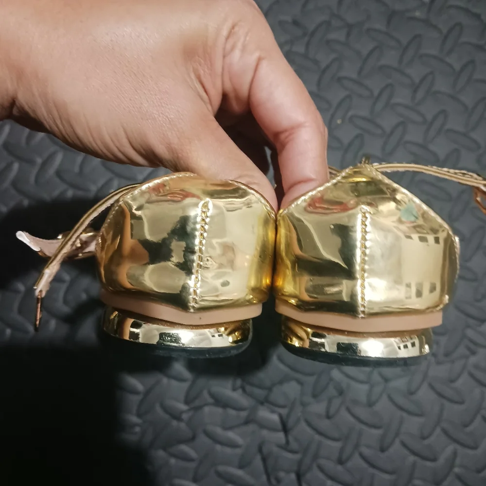 Women Gold Mirror T Strap Pointy Flat Shoes - Picture 9 of 11